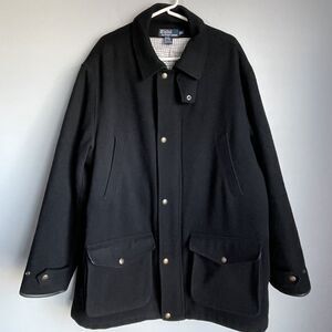 Polo Ralph Lauren Coat Men's XL Black Wool Leather Trim Overcoat Parka Zip